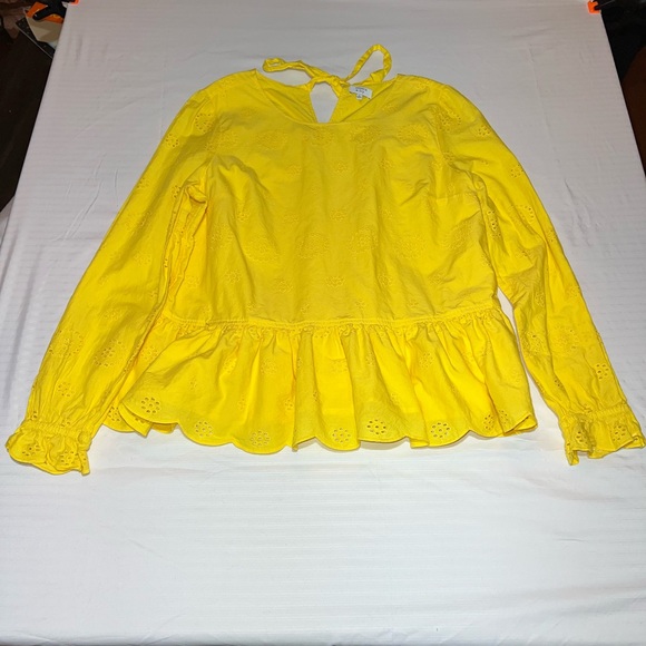 NWOT Crown and Ivy Yellow Eyelet Peplum Blouse | Tie Neck Long Sleeve - Picture 2 of 10